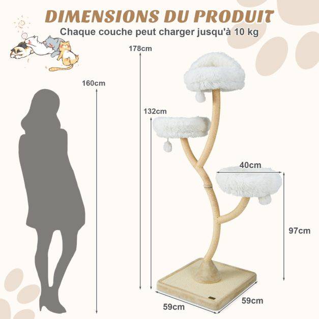 Helloshop26 - Arbre à chat 178 cm avec cadre en métal incurvé tour à chat avec 3 balles suspendues 3 perchoirs griffoir en sisal beige - Imagen 3