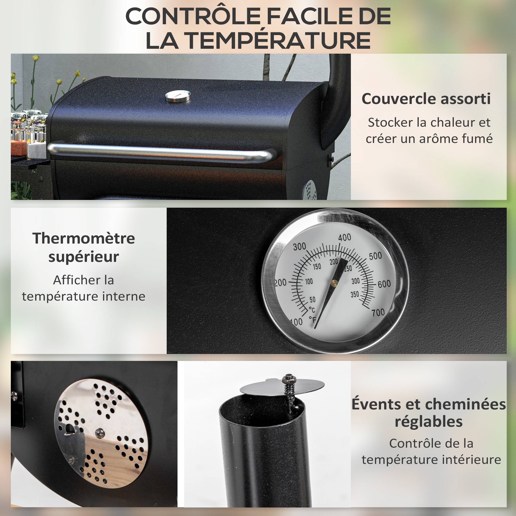 ComfortXL - Barbecue à charbon chariot métal jardin couvercle thermomètre cheminée noir 83 cm - ComfortXL Outdoor Living - Image 7