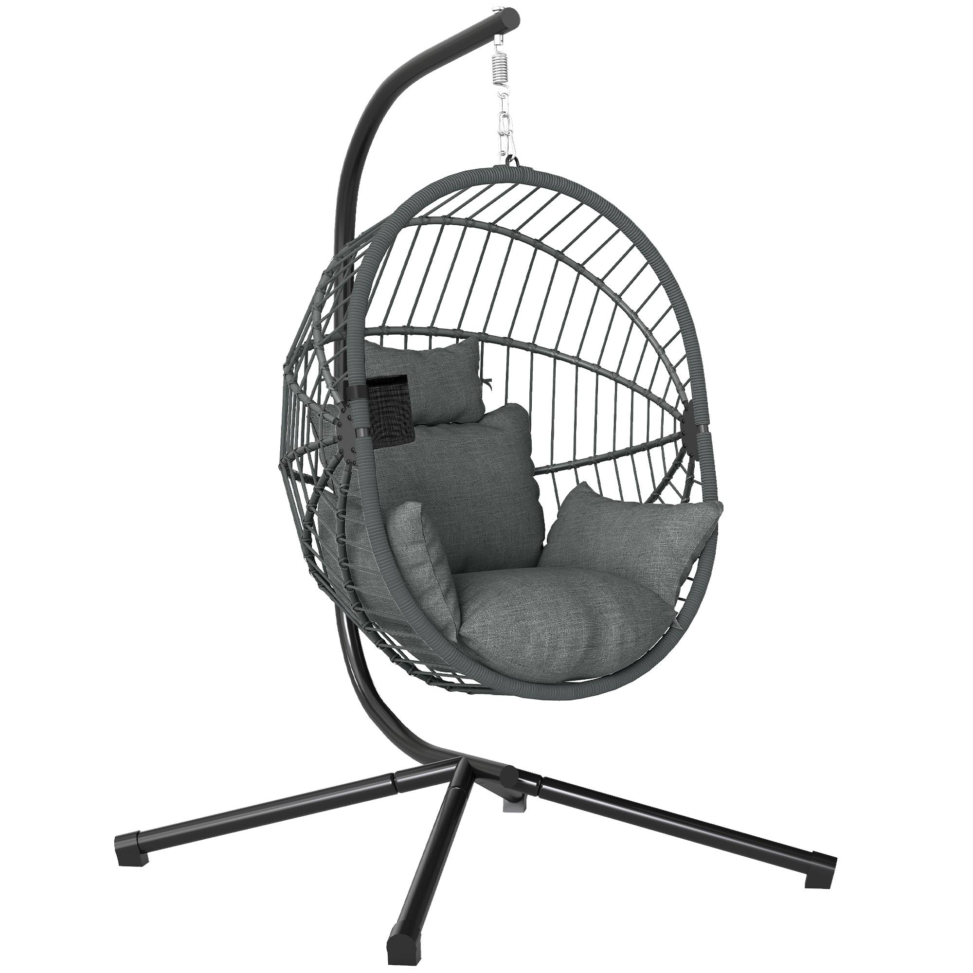 Fauteuil œuf suspendu, chaise hamac balançoire intérieur et extérieur, panier pliable, coussin rembourré, gris