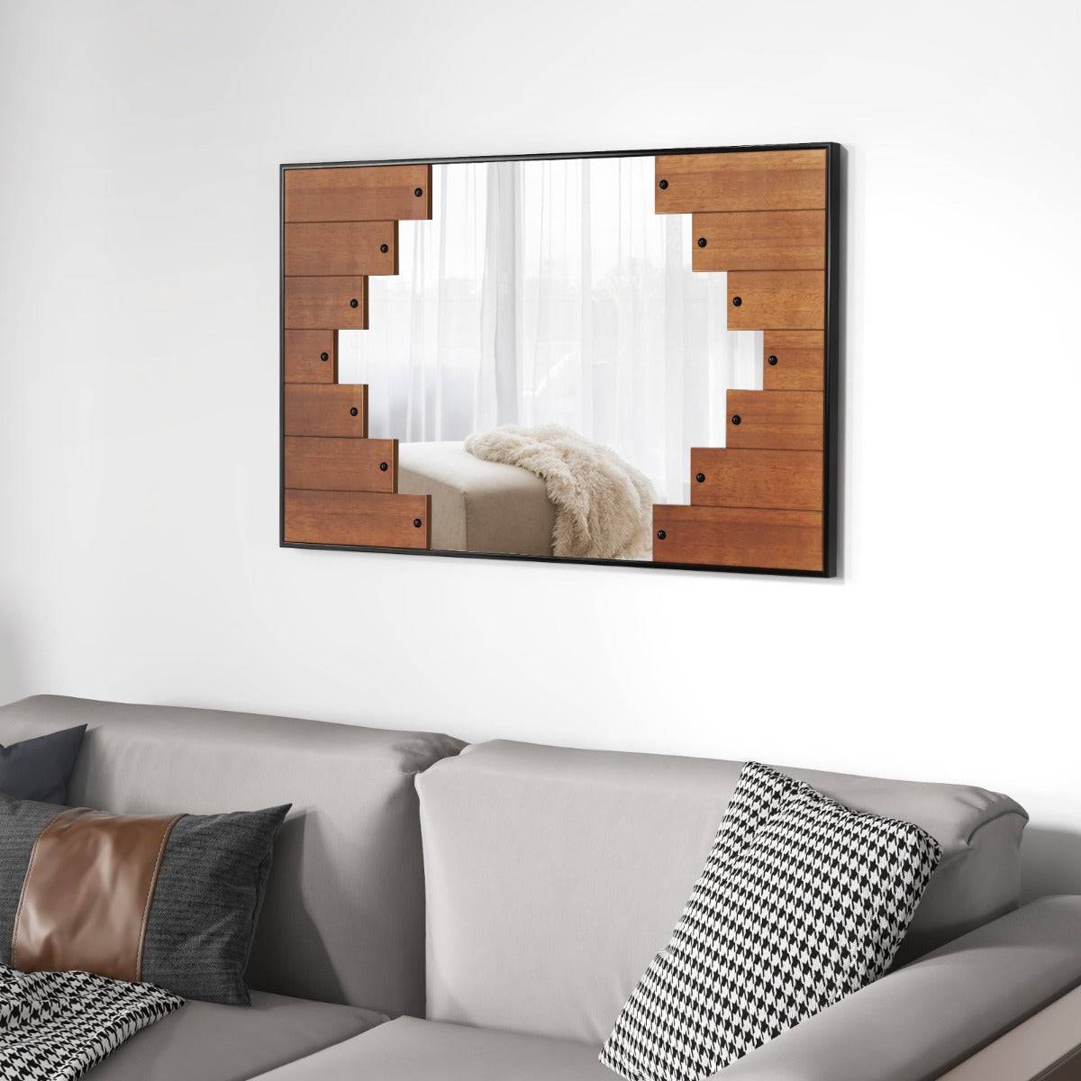 Helloshop26 - Miroir mural rectangulaire décoratif grand miroir mural 100 x 66 cm avec cadre en forme de touches de piano crochet bidirectionnel pour salon noir - Imagen 1