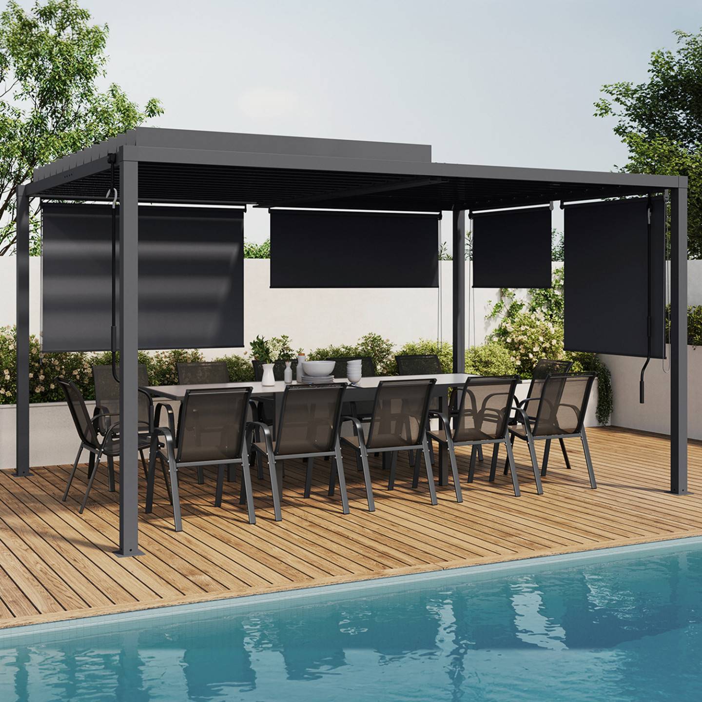 Pergola bioclimatique lames orientables acier 3x4 M et 4 stores gris anthracite - Image 1