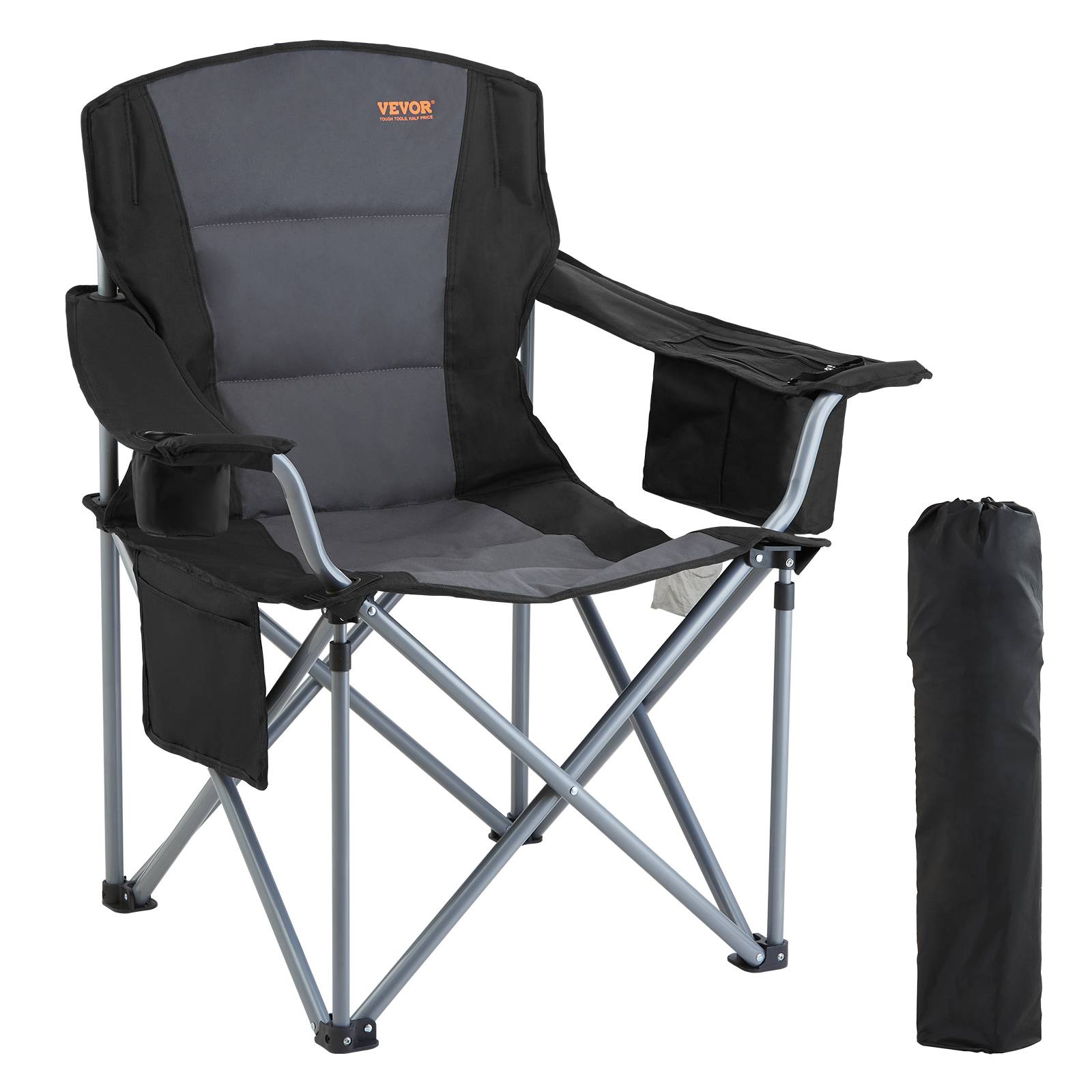 Chaise camping pliable, charge 158 kg, inox. Avec porte-gobelet, 3 sacs rangement. Pour pêche, pique-nique.