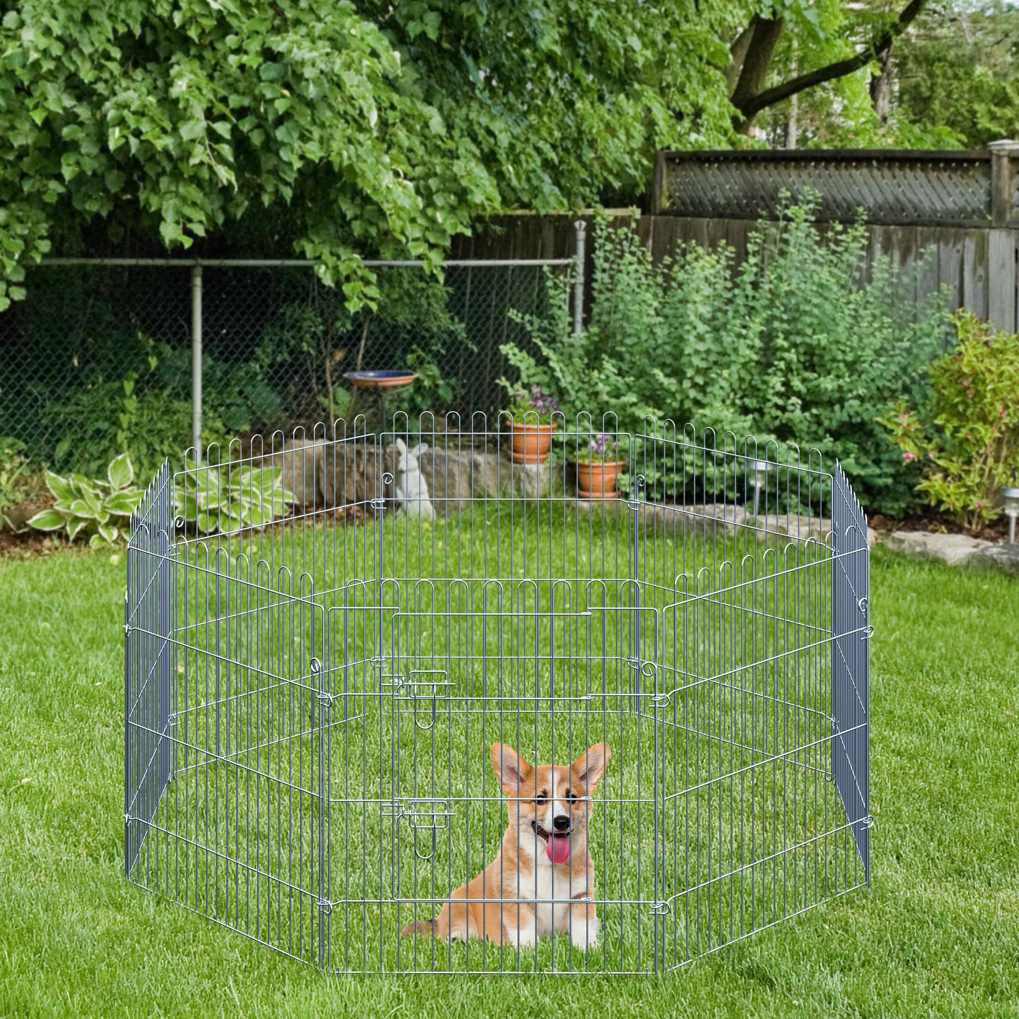 Clôture pliante pour chien en 8 parties, 63 x 76 cm, avec 1 portillon et cadre en acier, couleur argent, idéale pour jardin et terrasse. - Image 4