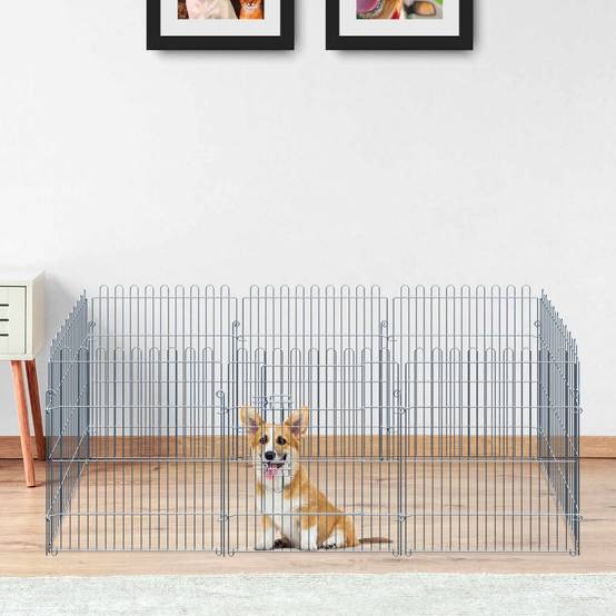Clôture pliante pour chien en 8 parties, 63 x 76 cm, avec 1 portillon et cadre en acier, couleur argent, idéale pour jardin et terrasse. - Image 3
