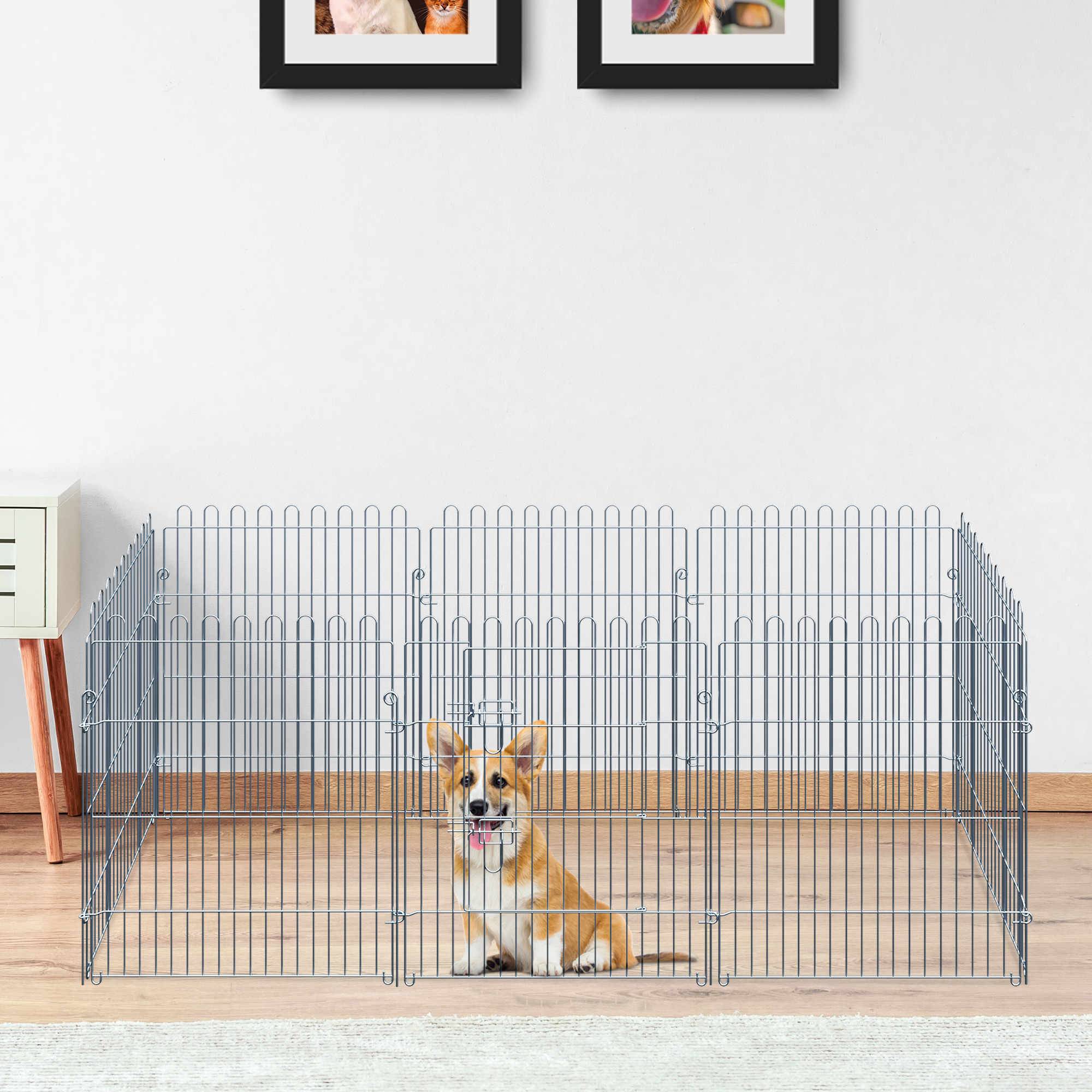 Clôture pliante pour chien en 8 parties, 63 x 76 cm, avec 1 portillon et cadre en acier, couleur argent, idéale pour jardin et terrasse. - Image 3