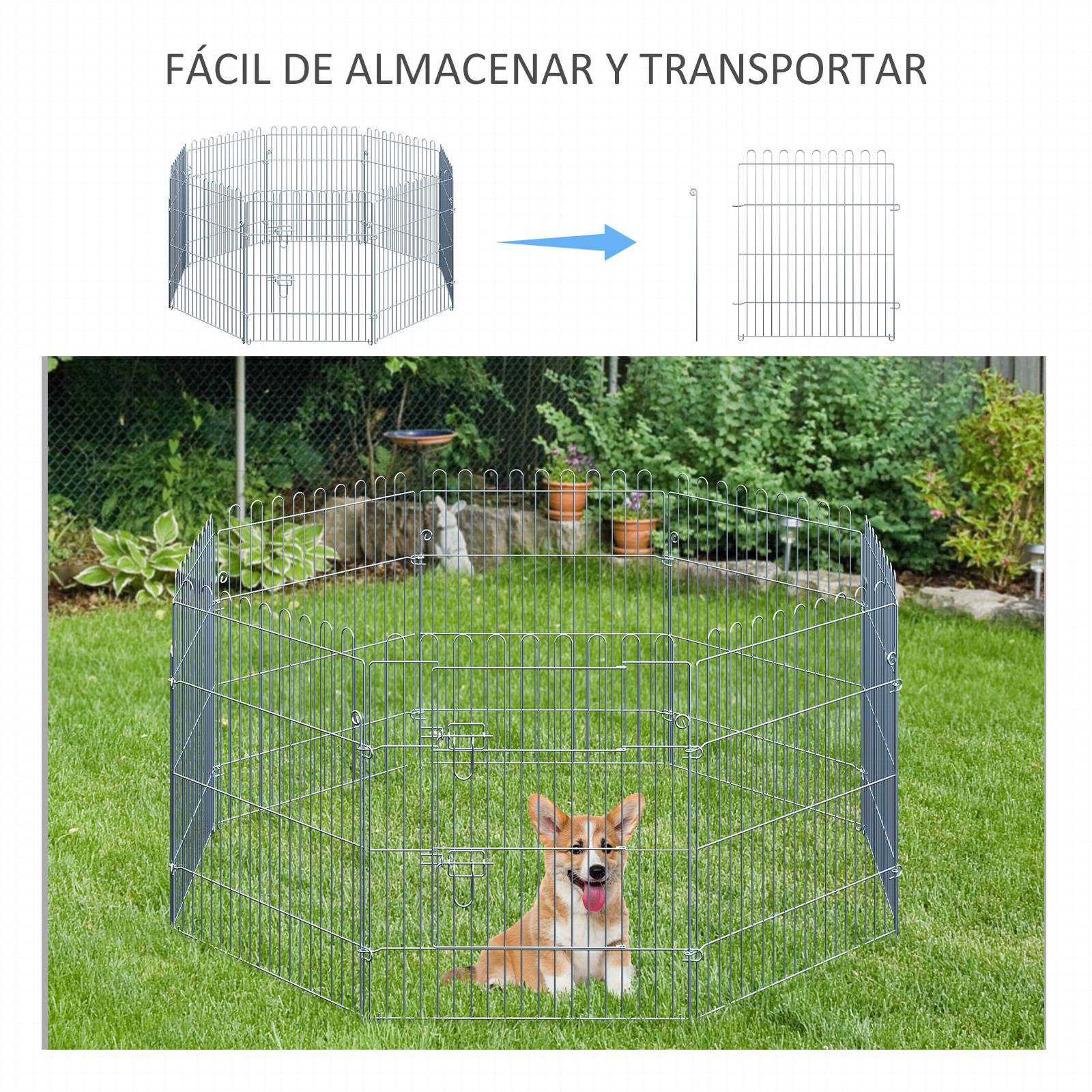 Clôture pliante pour chien en 8 parties, 63 x 76 cm, avec 1 portillon et cadre en acier, couleur argent, idéale pour jardin et terrasse. - Image 7