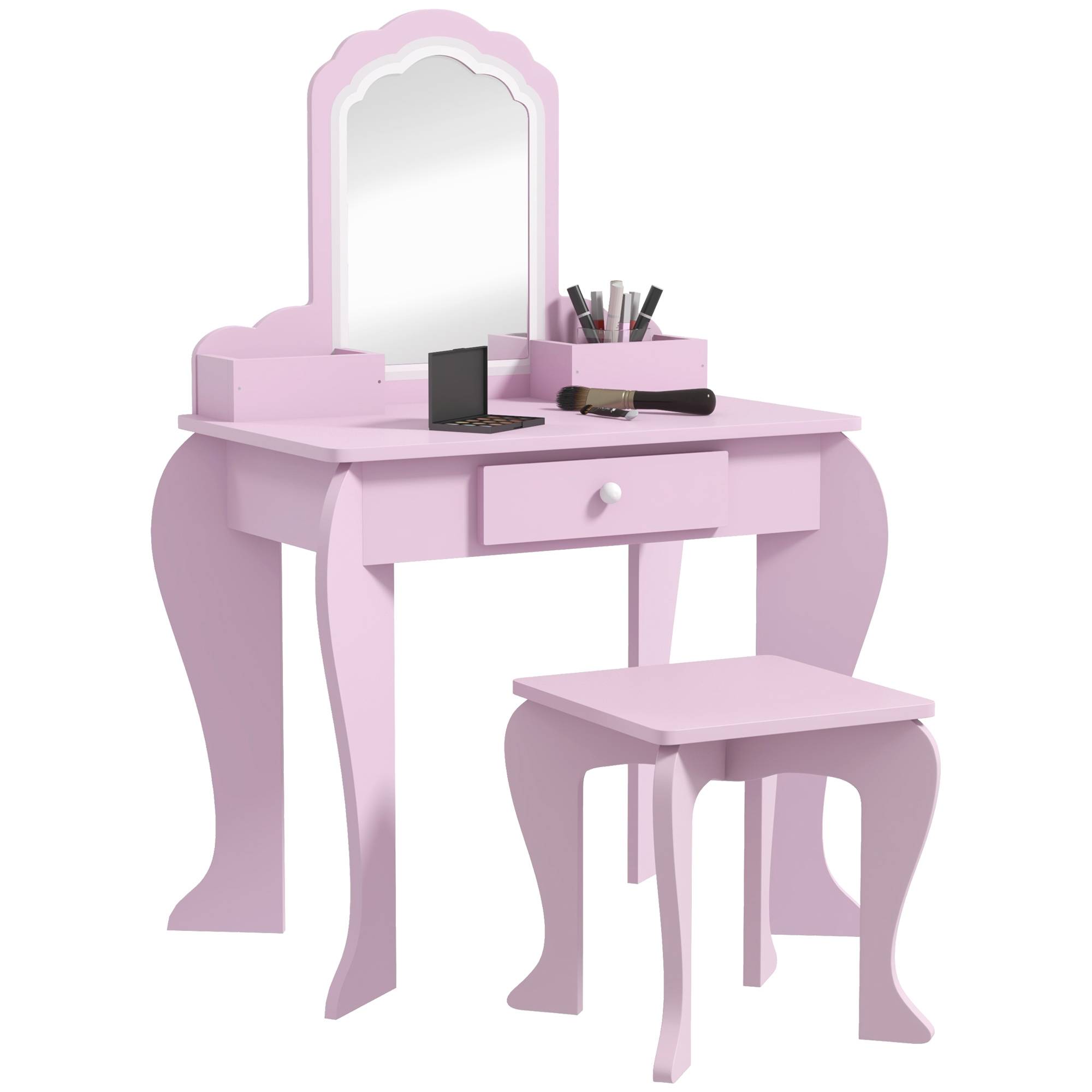Sans Marque - Ensemble coiffeuse pour fille avec miroir de maquillage, tabouret en bois assorti, tiroir et rangements, rose - Image 1