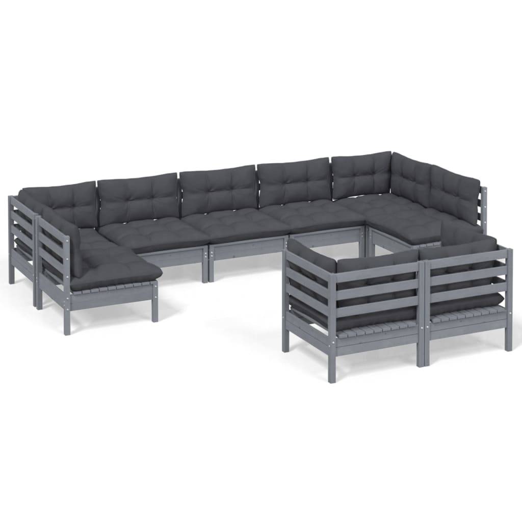Helloshop26 - Salon de jardin meuble d'extérieur ensemble de mobilier 9 pièces avec coussins gris bois de pin solide - Imagen 1