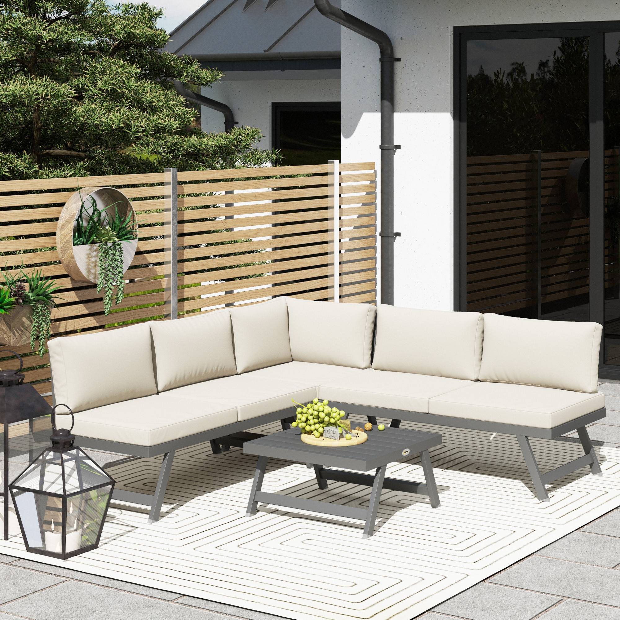 Outsunny - Ensemble salon de jardin convertible 4 pièces avec 2 banquettes, fauteuil d'angle et table basse aluminium/métal beige - Outsunny - Image 4