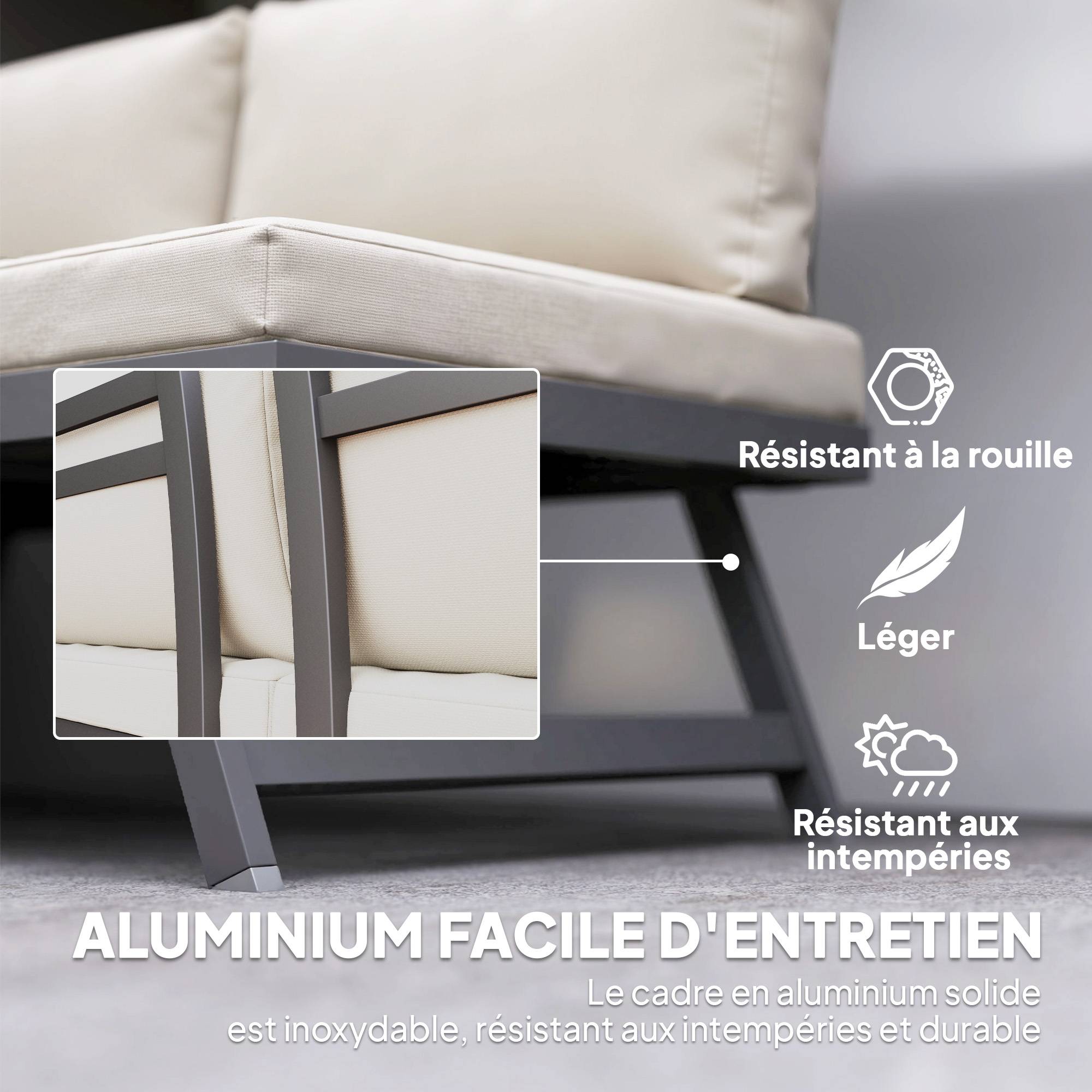 Outsunny - Ensemble salon de jardin convertible 4 pièces avec 2 banquettes, fauteuil d'angle et table basse aluminium/métal beige - Outsunny - Image 5