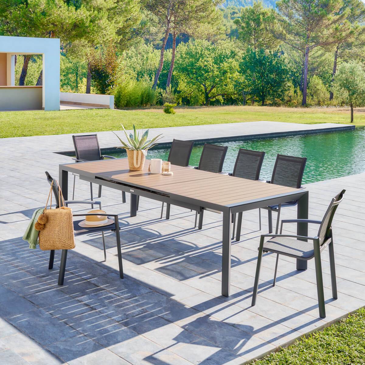 Hesperide - Table de jardin extensible "Évasion" effet bois honey & graphite 10 places en aluminium - Hespéride - Image 1
