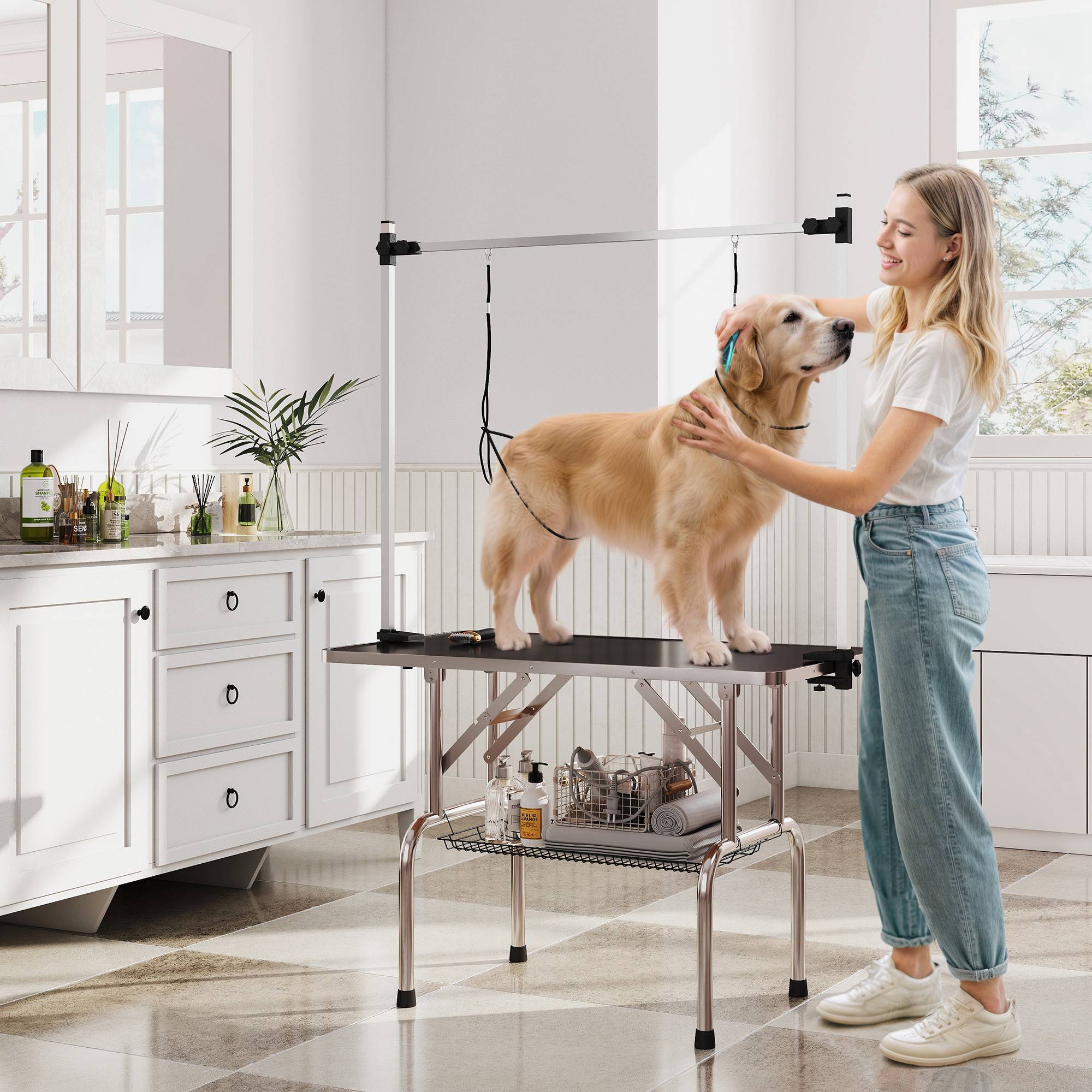 Sans Marque - Table de toilettage pour chien pliante potence H-forme inox réglable 2 sangles panier 107 x 60 x 164 cm noir - Image 4