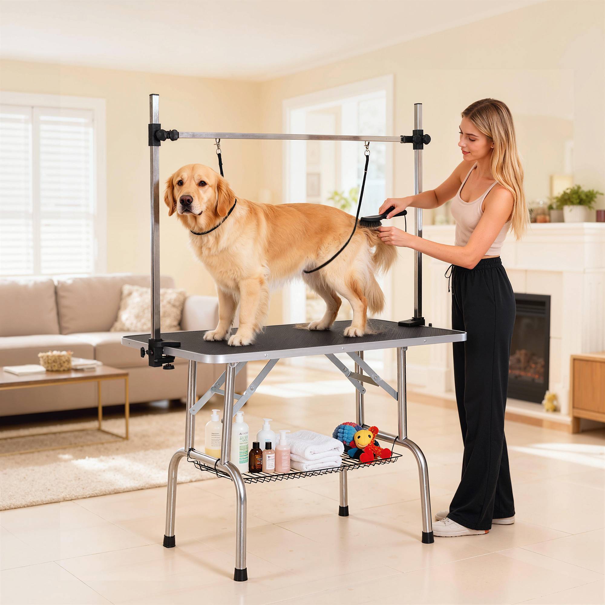 Sans Marque - Table de toilettage pour chien pliante potence H-forme inox réglable 2 sangles panier 107 x 60 x 164 cm noir - Image 3