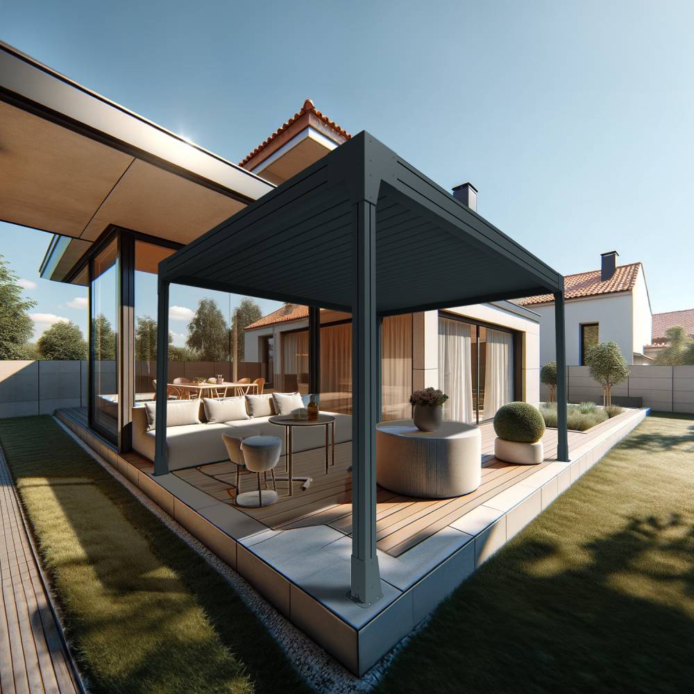 Pergola bioclimatique HELY îlot 4,00x3,929m Vérin à télécommande (Gris anthracite) - Alia Productions - Imagen 1