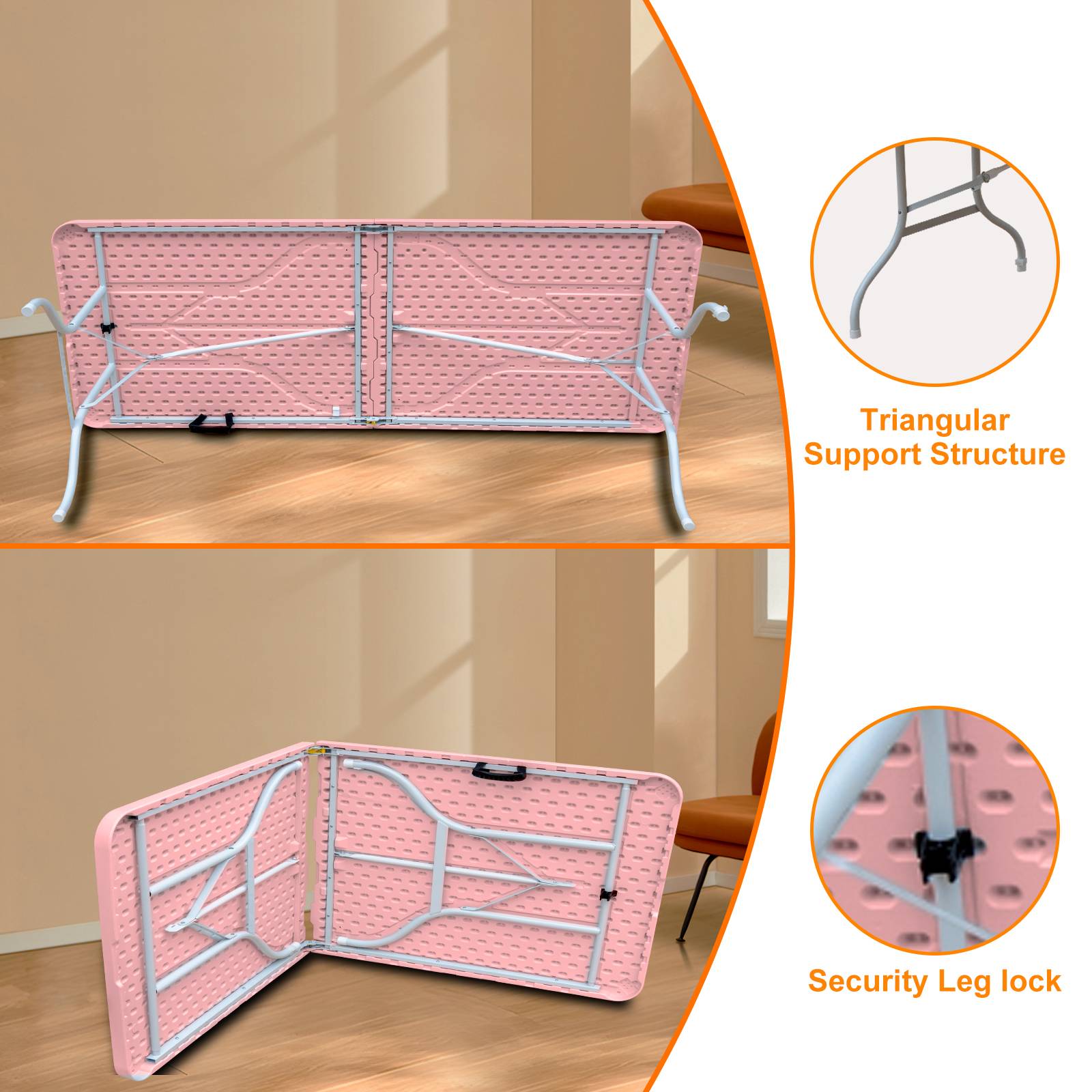 Table pliante en fer et plastique rose 243.9 x 73.6 x 73.6 cm - PANGIVO - Image 3