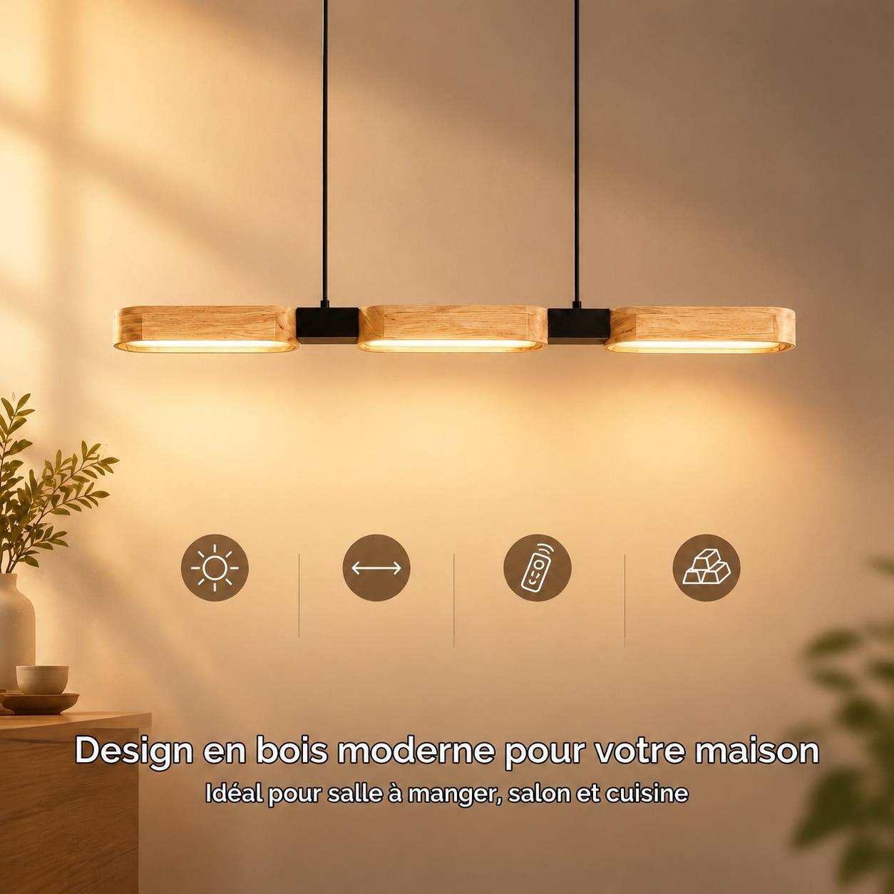 Suspension en Bois Moderne LED Dimmable avec Télécommande pour Table et Îlot - Image 2