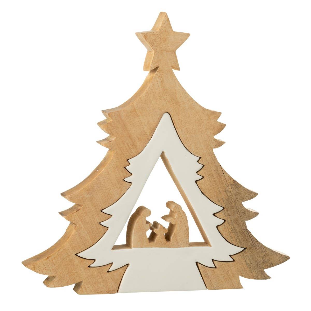 J-Line - Crèche Sapin en Bois "Étoile" 41cm Blanc & Naturel