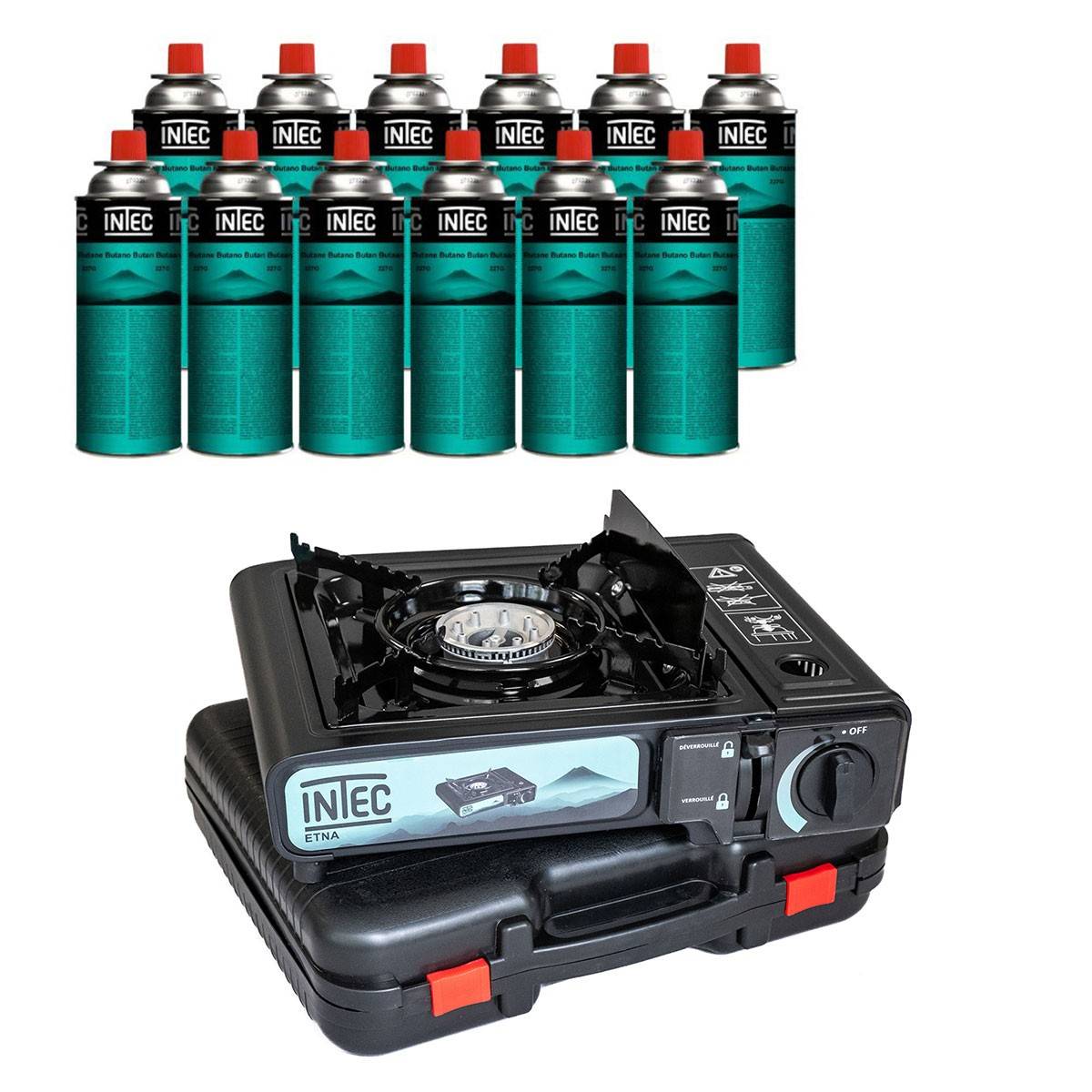 Réchaud gaz Portable 2200W + 12 Cartouches gaz butane Camping Road trips Piezo Mallette Etna INTEC - Imagen 1