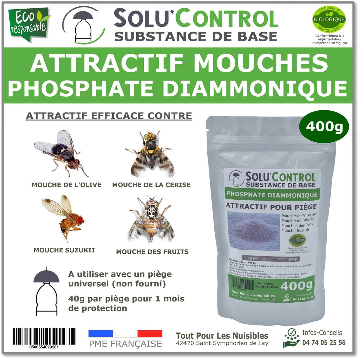 SOLU'CONTROL - Phosphate Diammonique, appât naturel contre les mouches des fruits - Sac de 400 g - Image 1