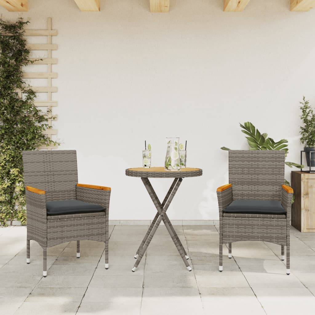 Vidaxl - Ensemble de bistro avec coussins 3 pcs-Salons de jardin gris rotin et acacia - Image 1