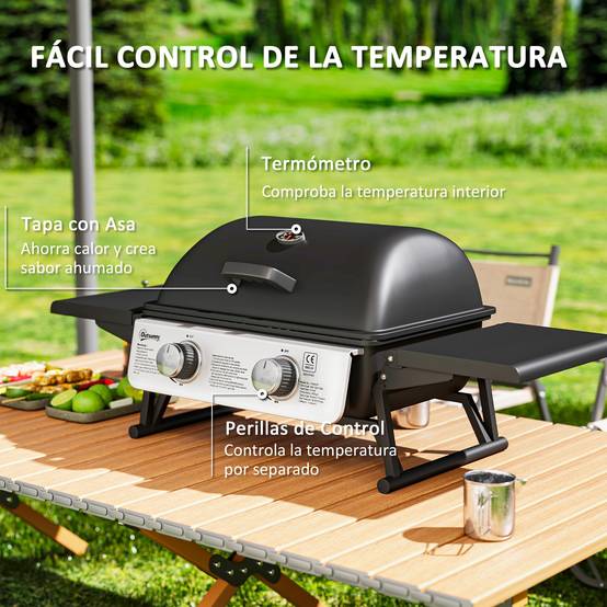 Barbecue à gaz compact à 2 brûleurs, thermomètre, tablettes latérales rabattables et bac de récupération des graisses, 101 x 48 x 41 cm, noir - Image 8