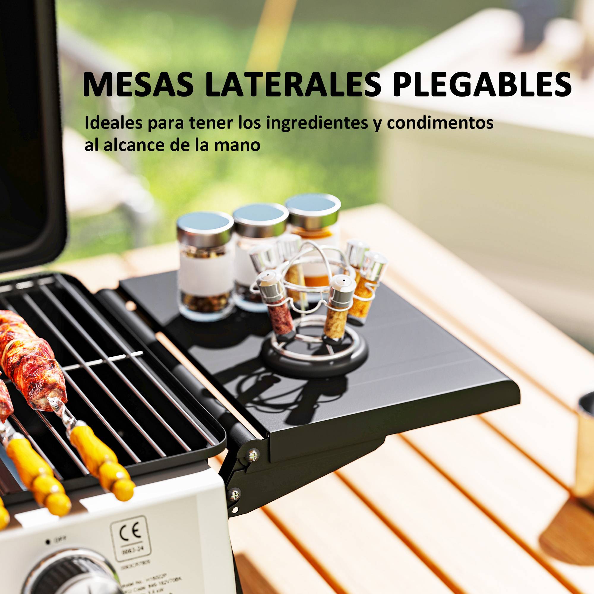 Barbecue à gaz compact à 2 brûleurs, thermomètre, tablettes latérales rabattables et bac de récupération des graisses, 101 x 48 x 41 cm, noir - Image 7