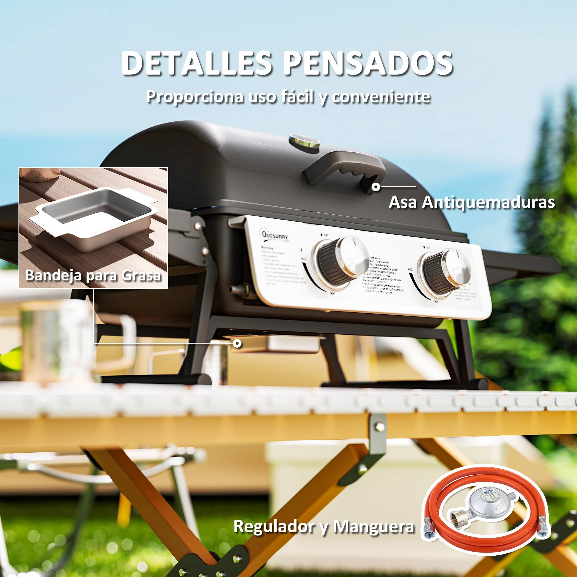 Barbecue à gaz compact à 2 brûleurs, thermomètre, tablettes latérales rabattables et bac de récupération des graisses, 101 x 48 x 41 cm, noir - Image 9