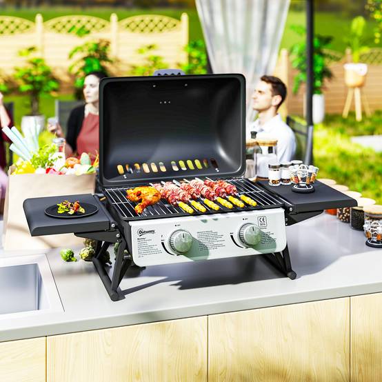 Barbecue à gaz compact à 2 brûleurs, thermomètre, tablettes latérales rabattables et bac de récupération des graisses, 101 x 48 x 41 cm, noir - Image 10