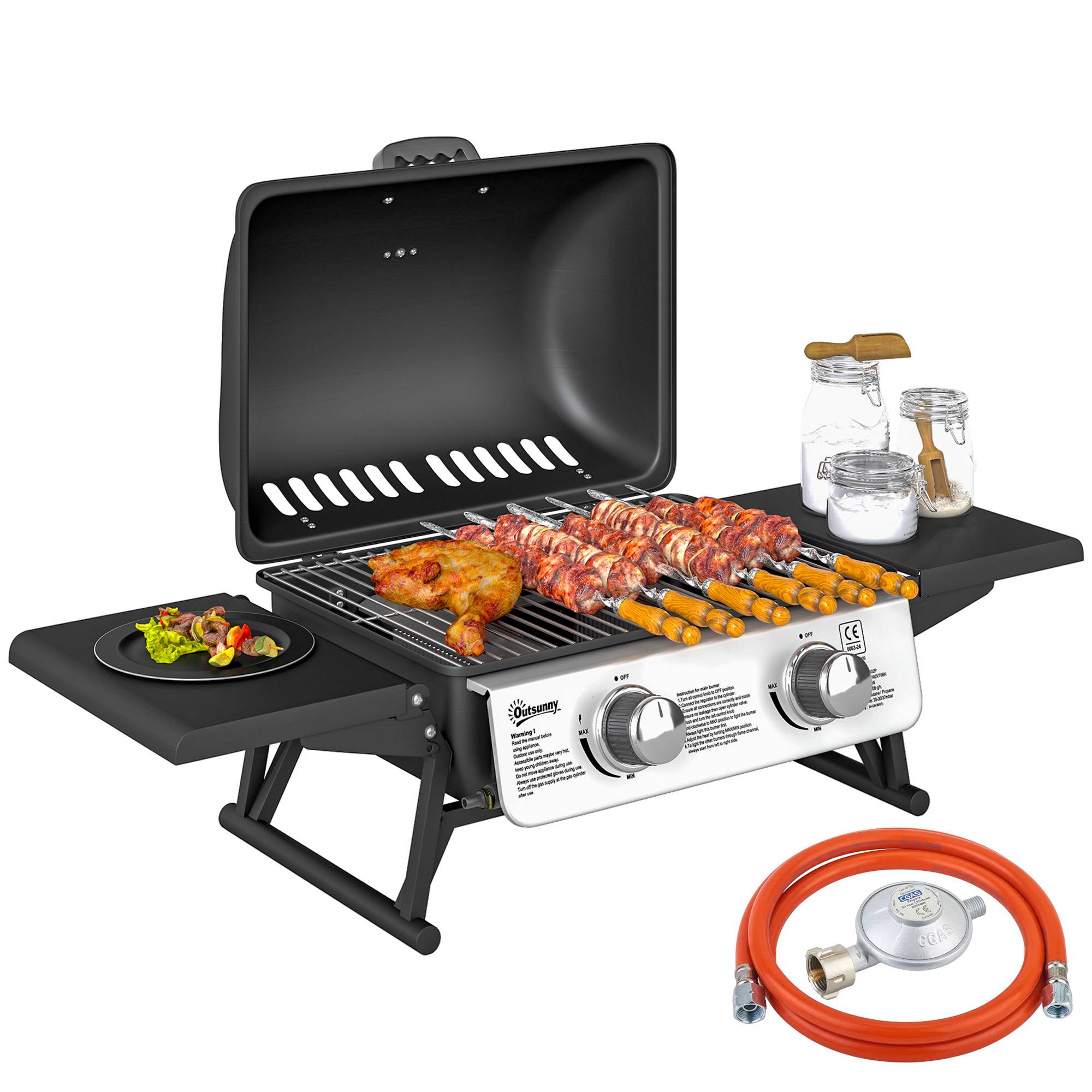 Barbecue à gaz compact à 2 brûleurs, thermomètre, tablettes latérales rabattables et bac de récupération des graisses, 101 x 48 x 41 cm, noir - Image 1