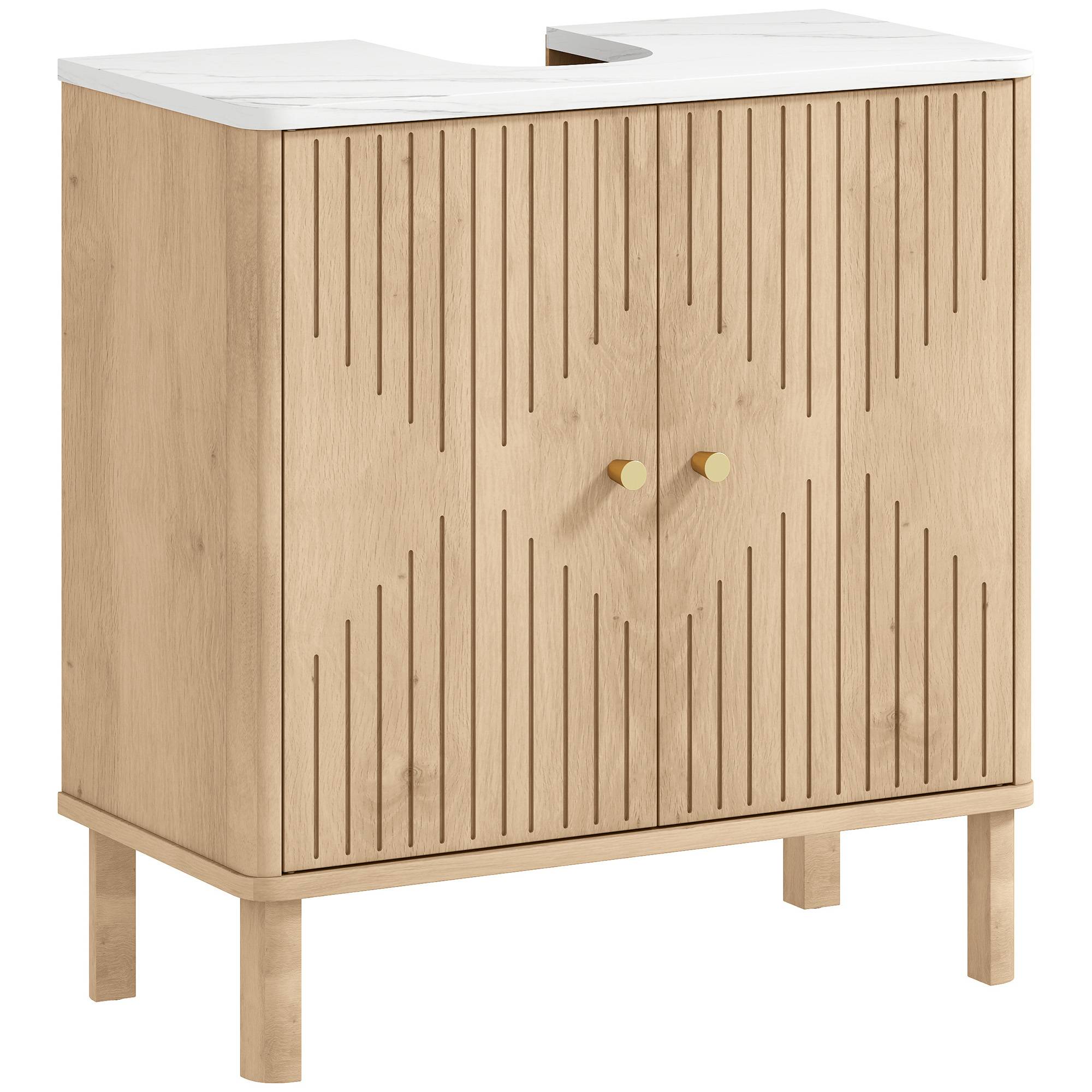 Sans Marque - Meuble sous-évier étagère réglable plan travail effet marbre avec ou sans colonne 60x30x63 cm chêne - Image 1