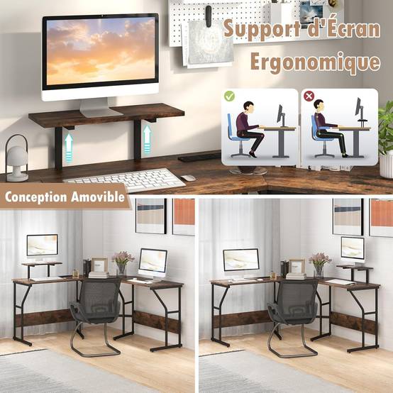 Bureau en Forme de ‘L’ avec Prises de Courant, Bureau d'angle avec Support d'Ecran Amovible, Poste de Travail Informatique (Marron Rustique) - Image 8