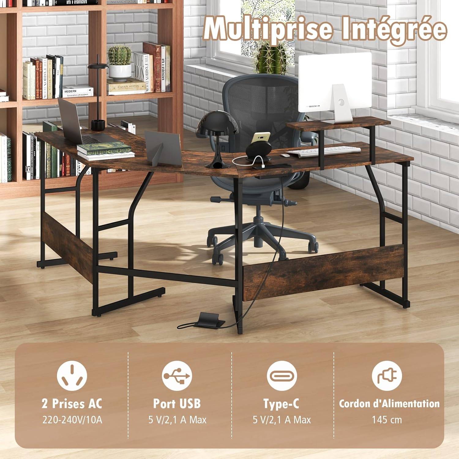 Bureau en Forme de ‘L’ avec Prises de Courant, Bureau d'angle avec Support d'Ecran Amovible, Poste de Travail Informatique (Marron Rustique) - Image 7
