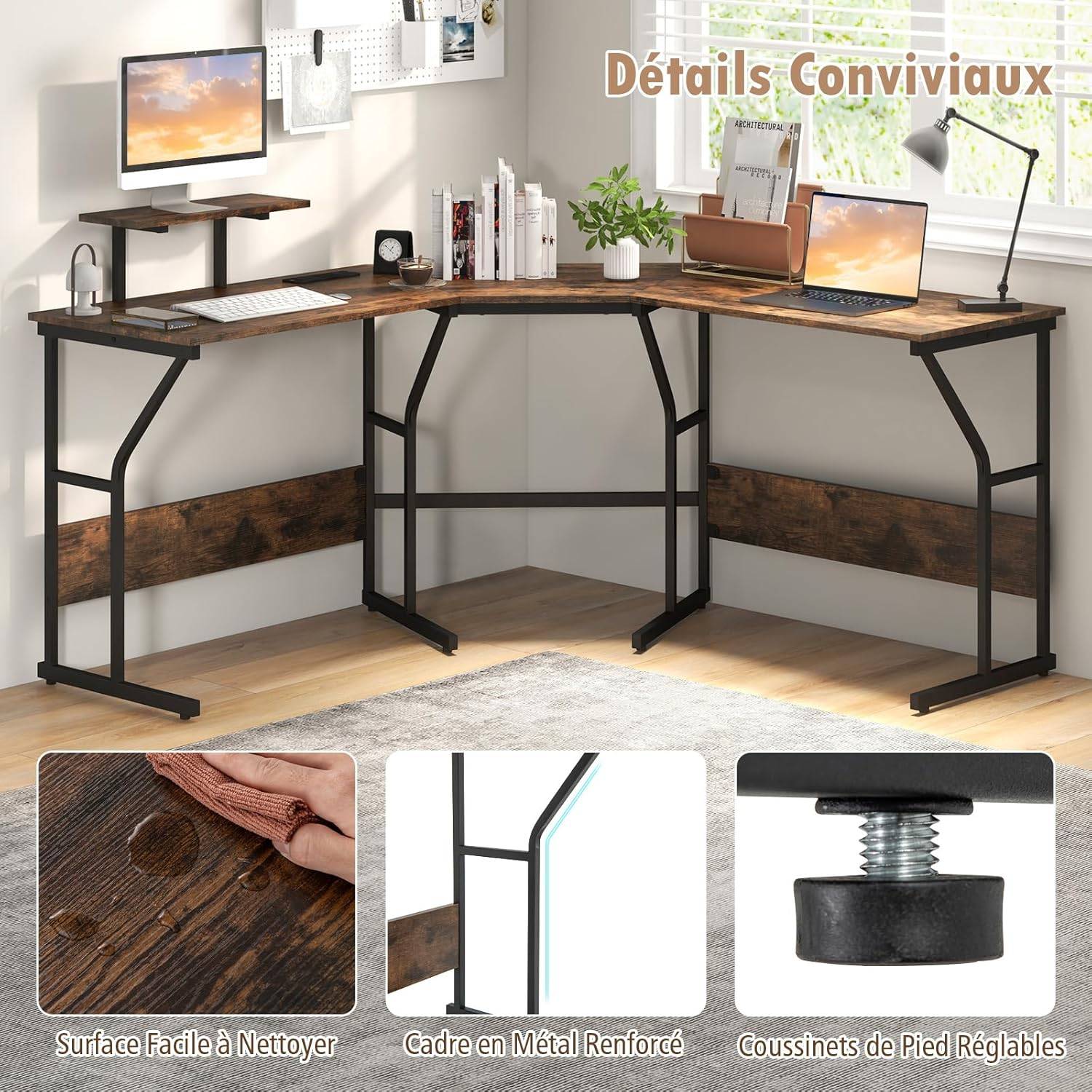 Bureau en Forme de ‘L’ avec Prises de Courant, Bureau d'angle avec Support d'Ecran Amovible, Poste de Travail Informatique (Marron Rustique) - Image 9