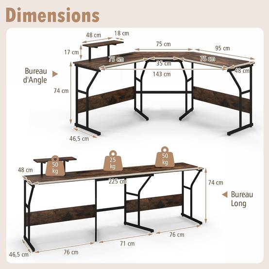Bureau en Forme de ‘L’ avec Prises de Courant, Bureau d'angle avec Support d'Ecran Amovible, Poste de Travail Informatique (Marron Rustique) - Image 3