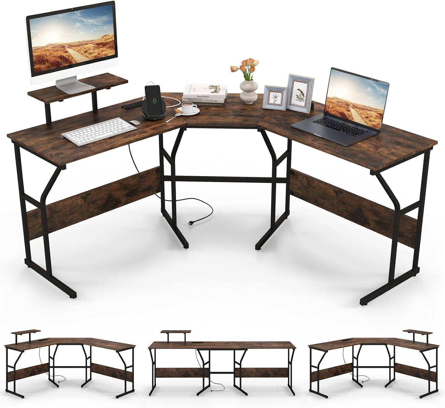 Bureau en Forme de ‘L’ avec Prises de Courant, Bureau d'angle avec Support d'Ecran Amovible, Poste de Travail Informatique (Marron Rustique) - Image 1