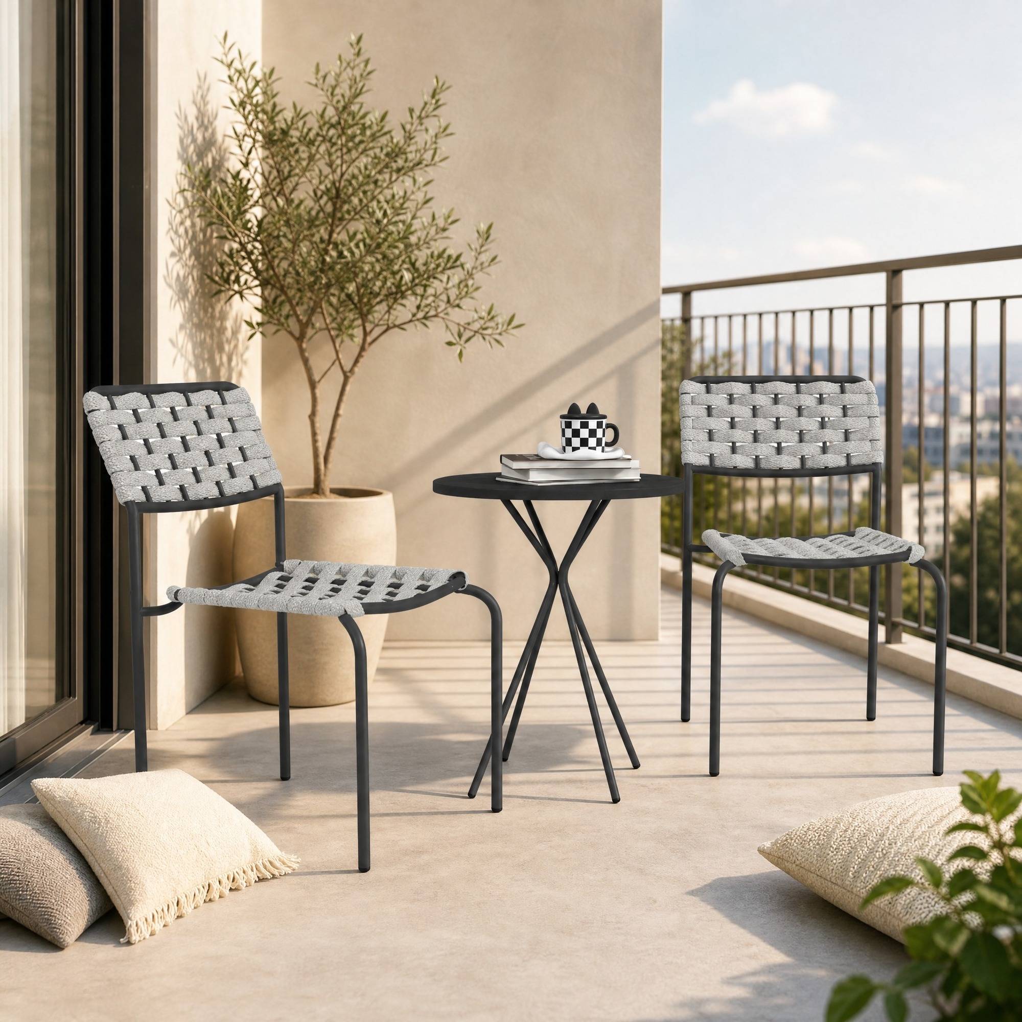 Ensemble Table et Chaise de Jardin avec 1 Table Ronde et 2 Chaises pour balcon Acier Gris - Image 3