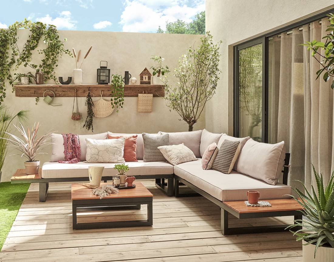 Salome - salon bas de jardin 5 places + table - modulable - bois, métal et coussins beiges - Best Mobilier - Image 3