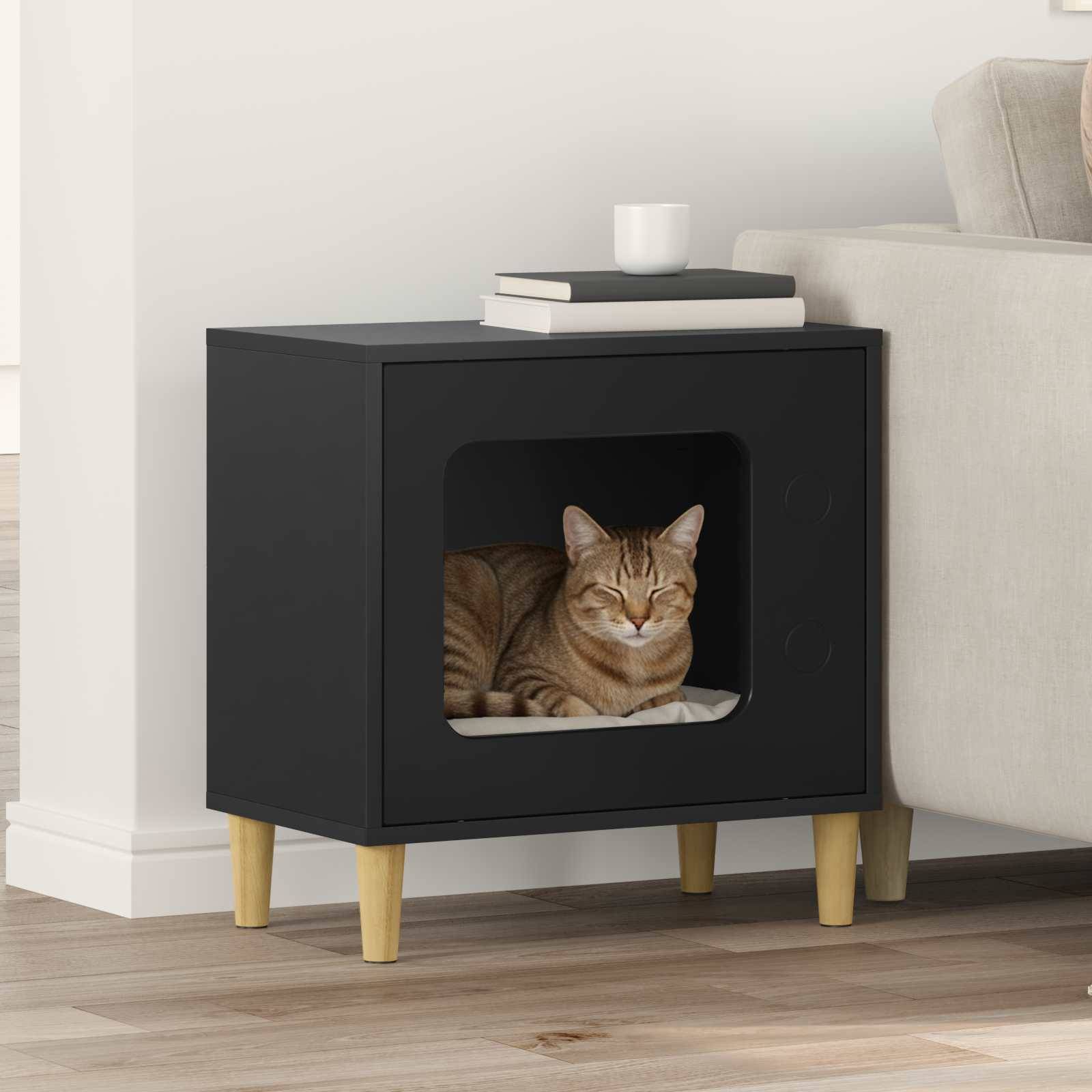 Maison pour chat bois d'ingénierie noir 51 x 30 x 52 cm, Poids:8.98kg - PANGIVO - Image 1