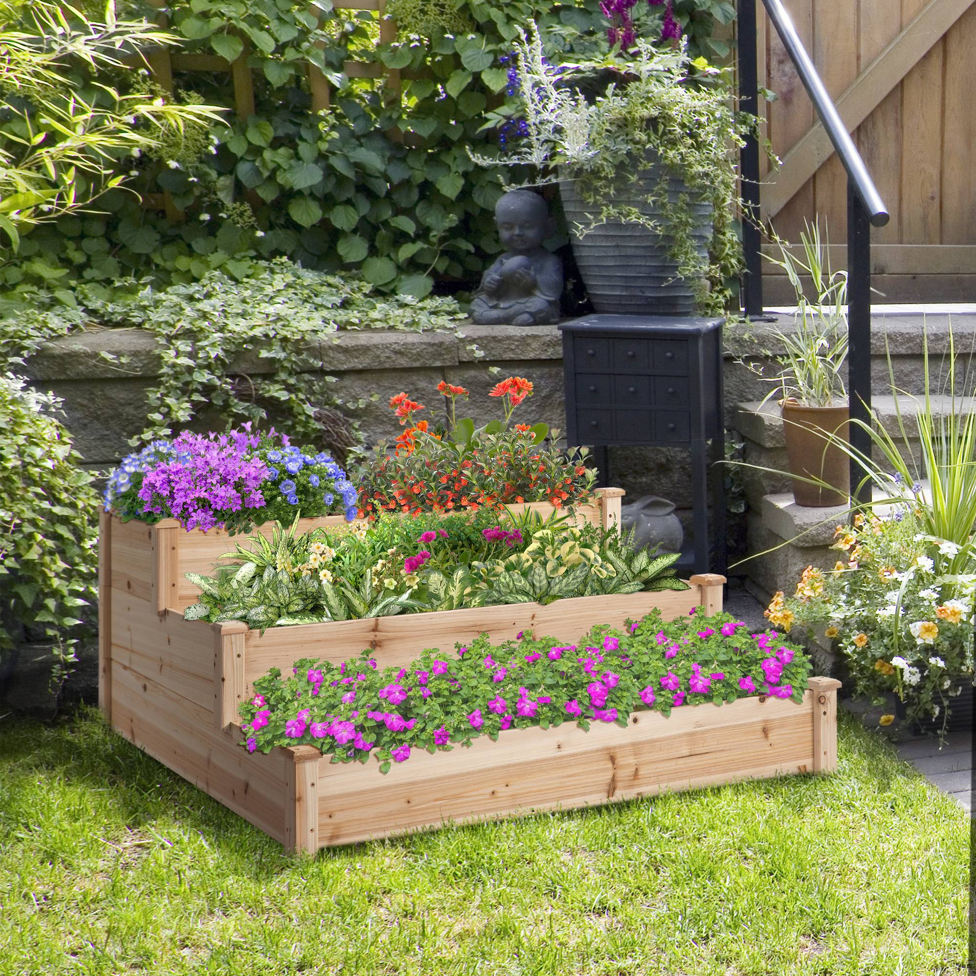 Potager Surélevé 3 Niveaux en Bois Naturel, Jardinière Extérieure pour Plantes, 120x120x56cm - Image 4