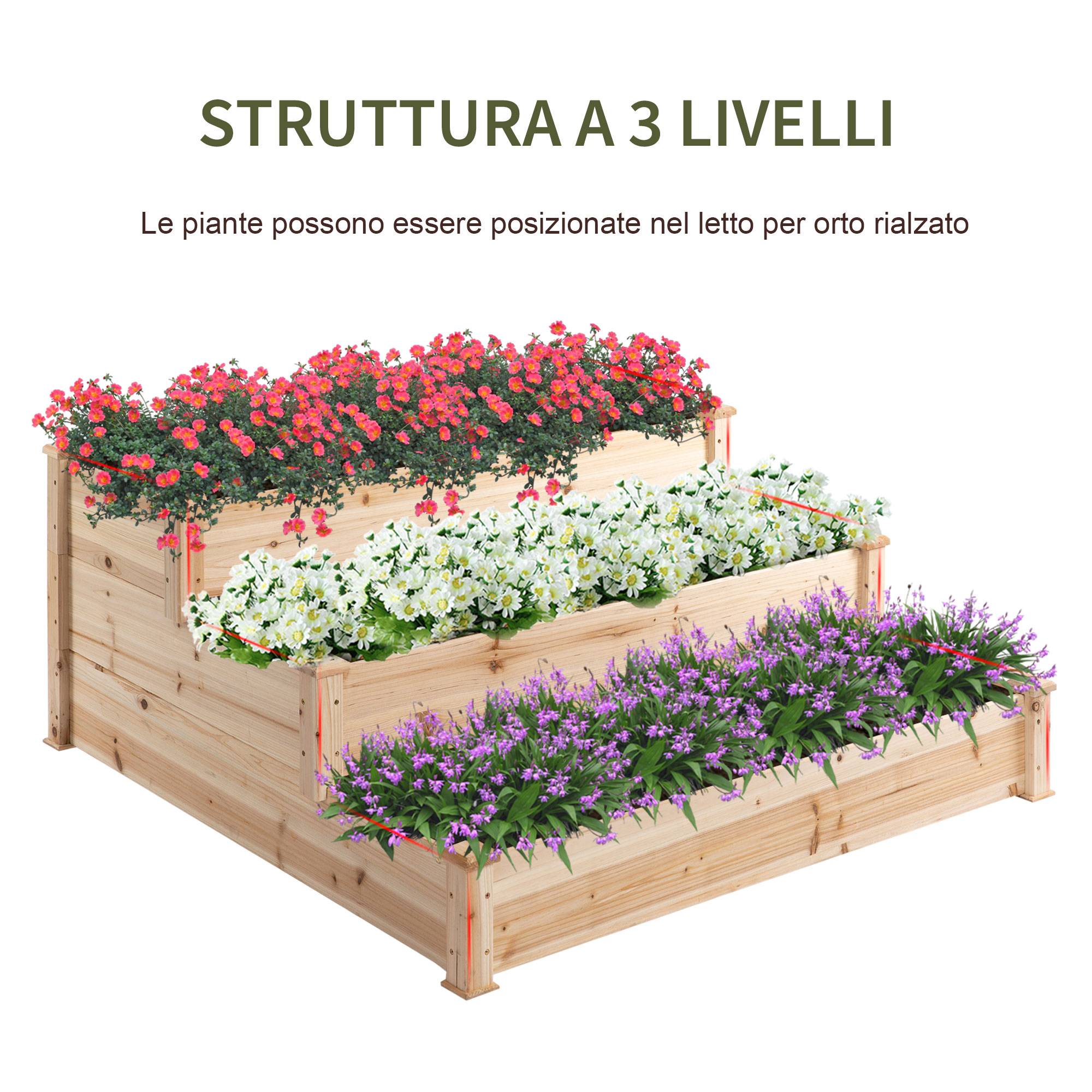 Potager Surélevé 3 Niveaux en Bois Naturel, Jardinière Extérieure pour Plantes, 120x120x56cm - Image 6