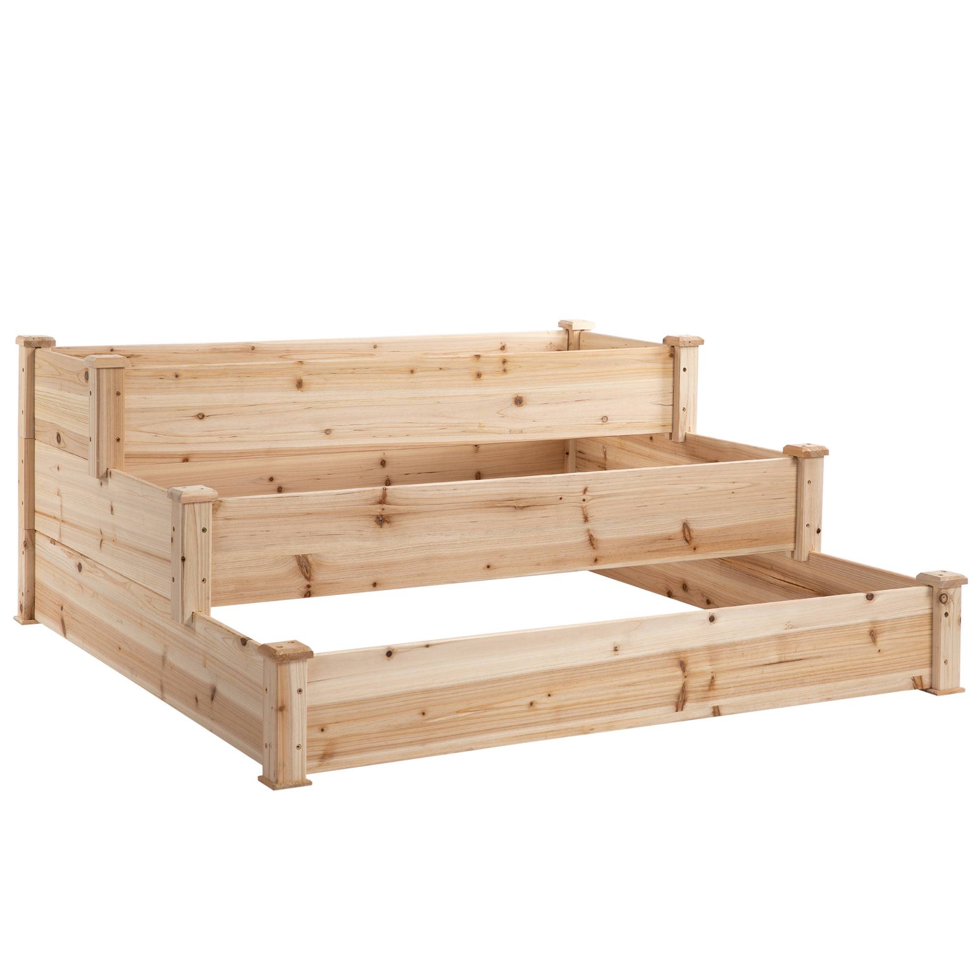 Potager Surélevé 3 Niveaux en Bois Naturel, Jardinière Extérieure pour Plantes, 120x120x56cm - Image 2