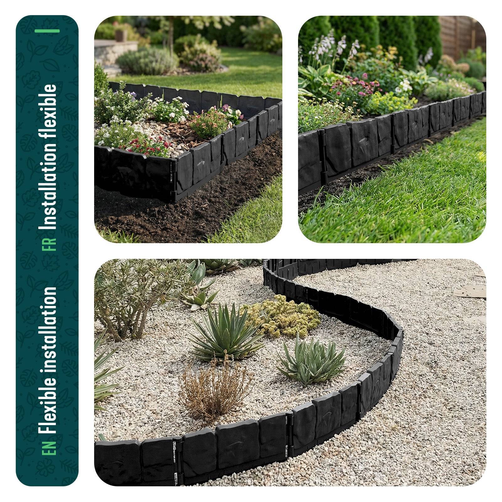 Bordure de jardin imitation pierre 26.7m noir - Hauteur 14cm - Clôture gazon décorative ultra résistant - Lot de 175 - VOUNOT® - Image 7