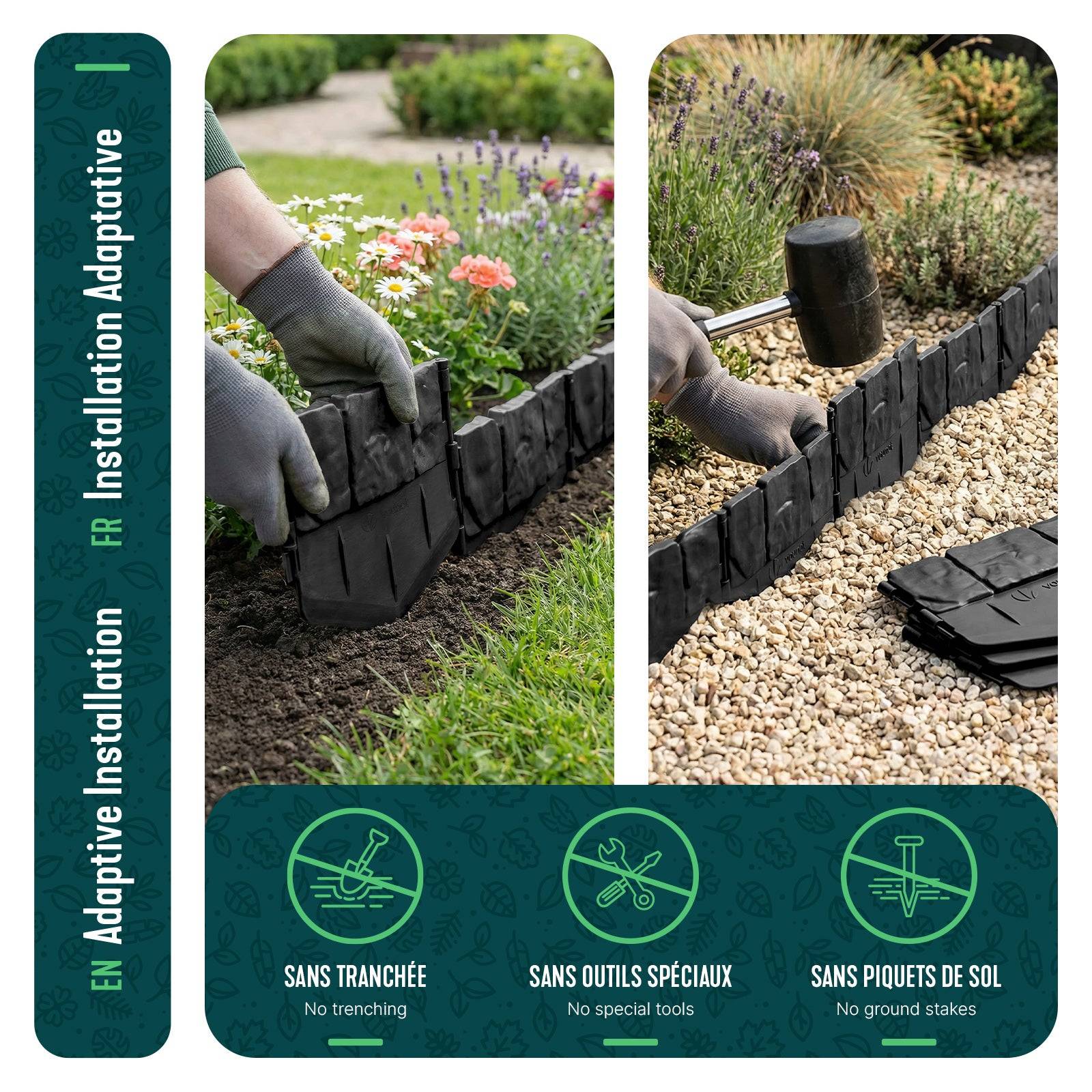 Bordure de jardin imitation pierre 26.7m noir - Hauteur 14cm - Clôture gazon décorative ultra résistant - Lot de 175 - VOUNOT® - Image 6