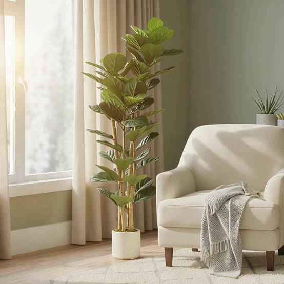 Figuier artificiel vert PEVA/bois, pot PP/ciment, 50x50x150cm - Image 10