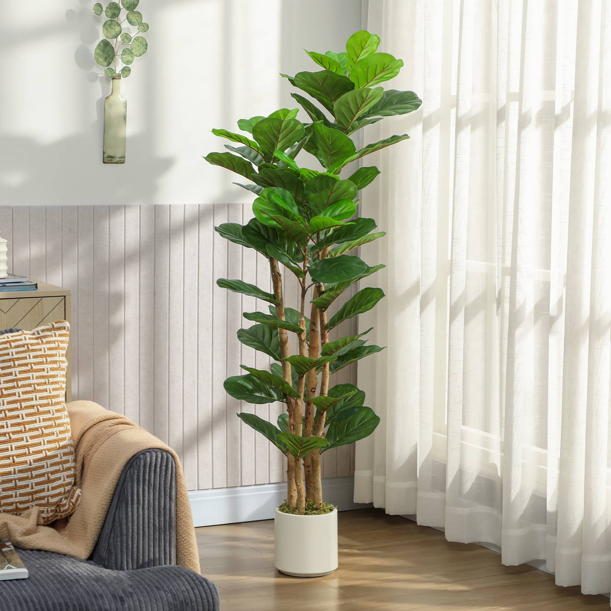 Figuier artificiel vert PEVA/bois, pot PP/ciment, 50x50x150cm - Image 4