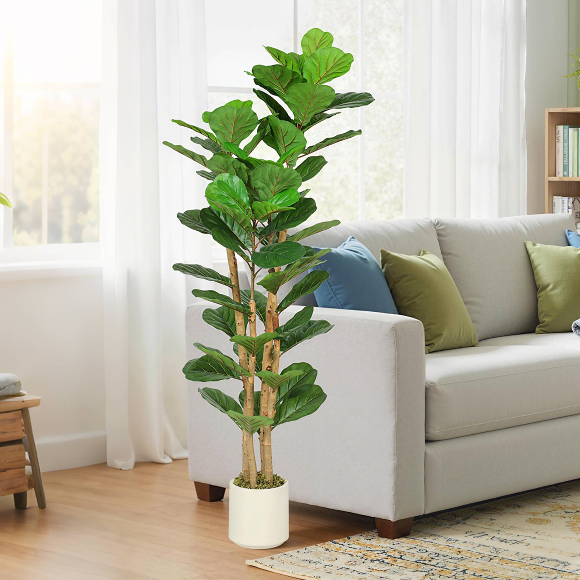 Figuier artificiel vert PEVA/bois, pot PP/ciment, 50x50x150cm - Image 3