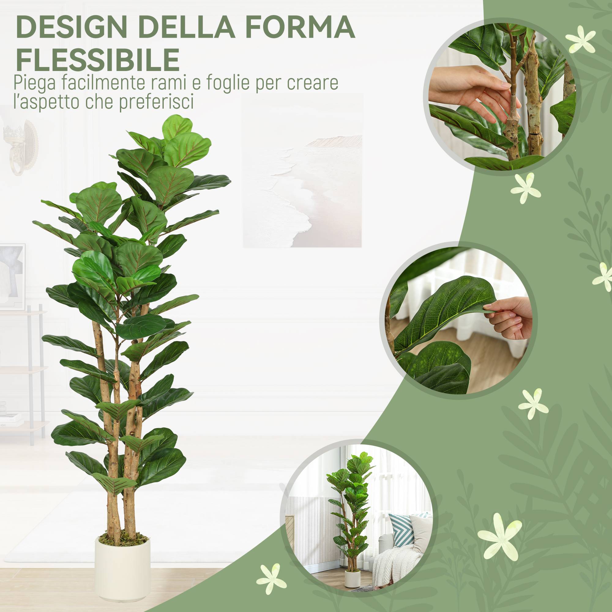 Figuier artificiel vert PEVA/bois, pot PP/ciment, 50x50x150cm - Image 8