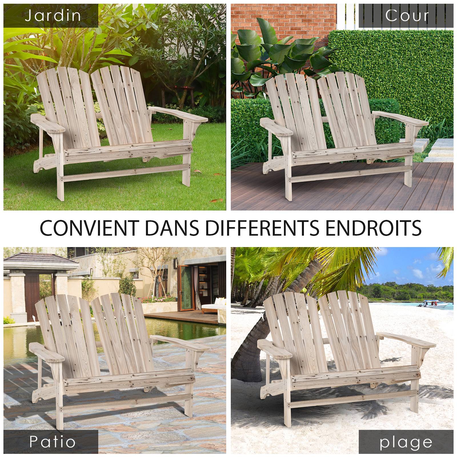 Outsunny - Banc de jardin 2 places design Adirondack assise dossier à lattes larges accoudoirs bois naturel pin lasuré - Outsunny - Imagen 7