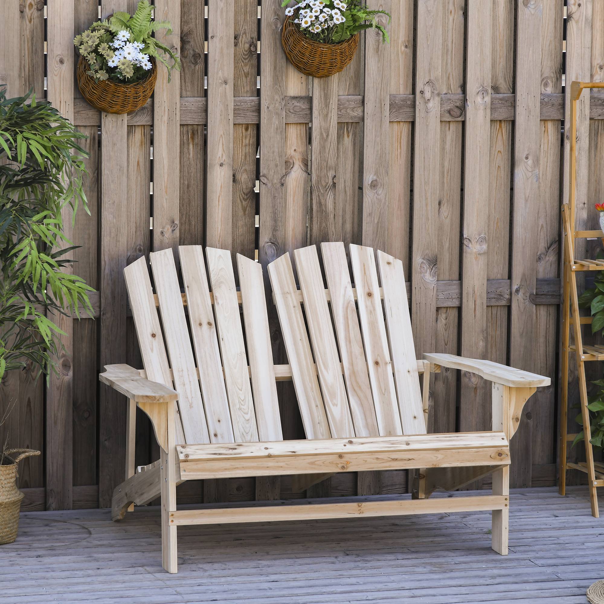 Outsunny - Banc de jardin 2 places design Adirondack assise dossier à lattes larges accoudoirs bois naturel pin lasuré - Outsunny - Imagen 2