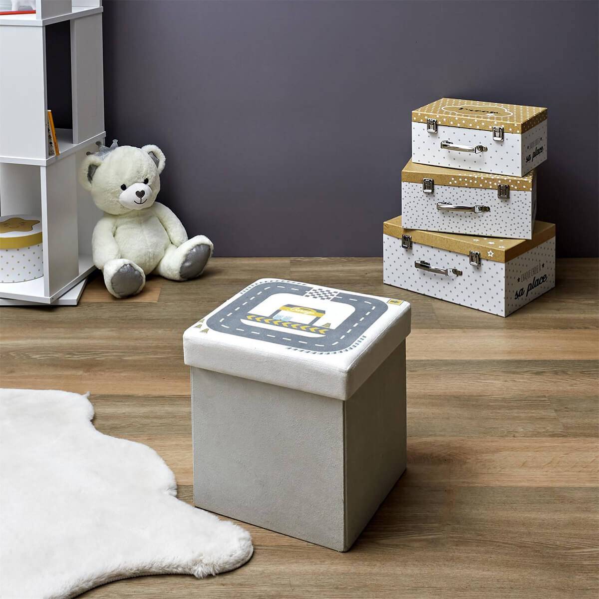 ALTOBUY - Pouf-Coffre Pliable Velours Gris Clair Motif Circuit - CHILD - Image 8